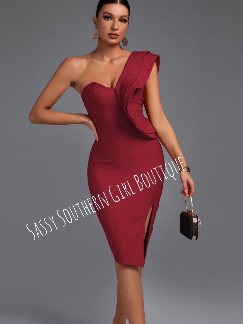 🆕⭐One-Shoulder Wine Red Ruffle Midi Dress
